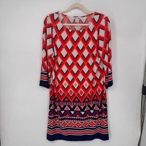 Laura Jeffries Shift Dress Women 14 Red Excellent Geometric Diamond 3/4 Sleeve